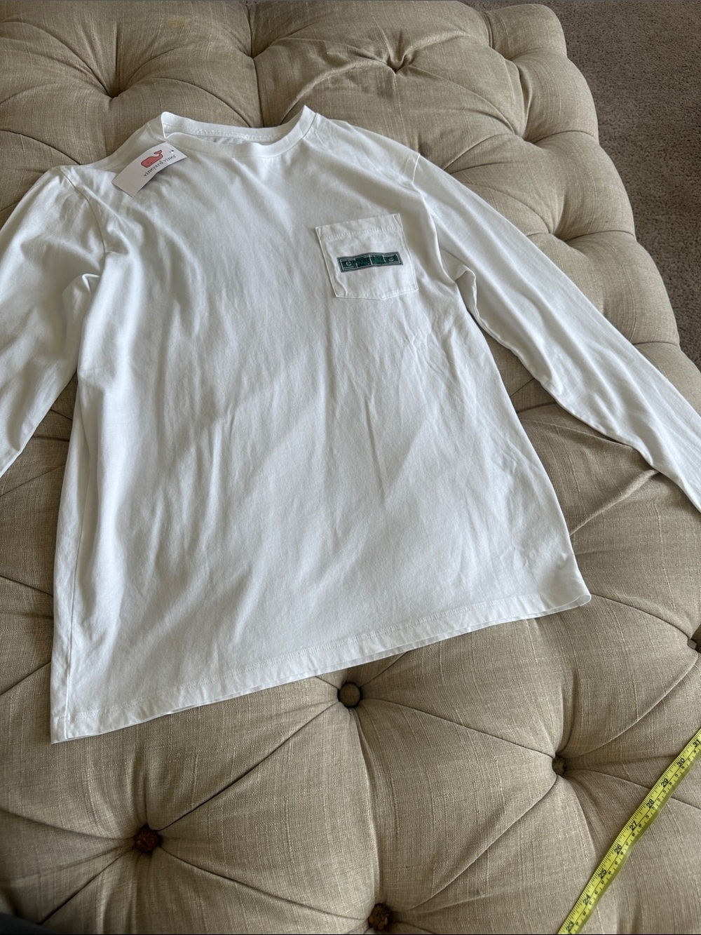 Vineyard Vines White Long-Sleeve Pocket Tee with Green Logo